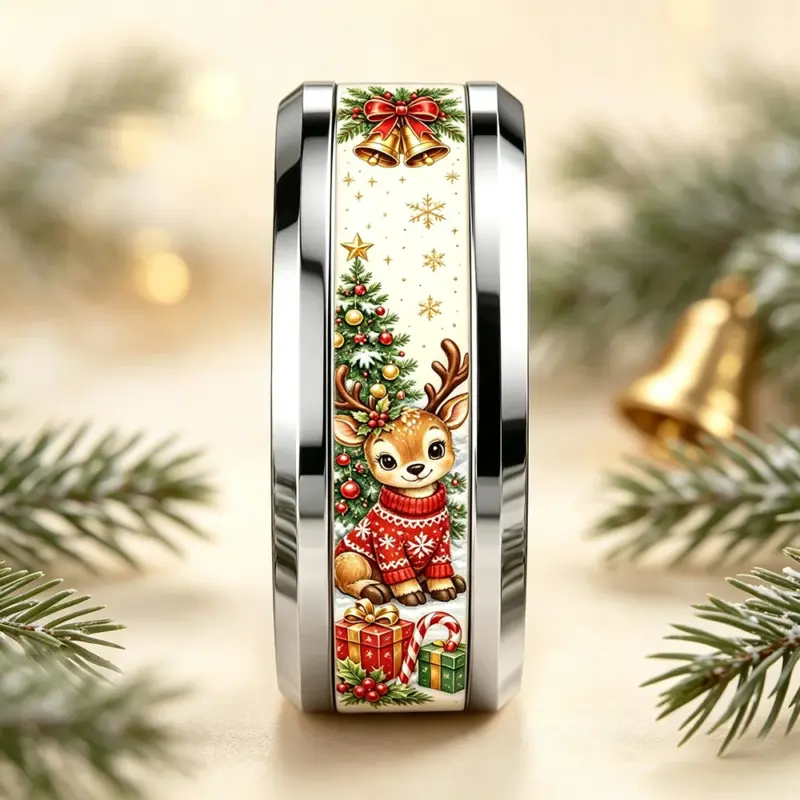 Weihnachtsring aus Edelstahl mit Rentier, Glocken und Geschenken in Frontansicht