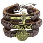 Christliches Lederarmband mit Kreuz, Jesusfisch und Medaille