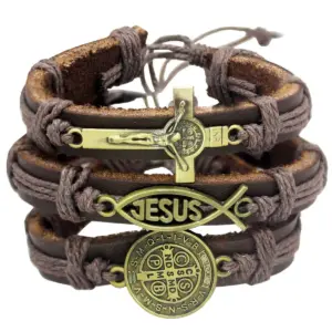 Christliches Lederarmband mit Kreuz, Jesusfisch und Medaille