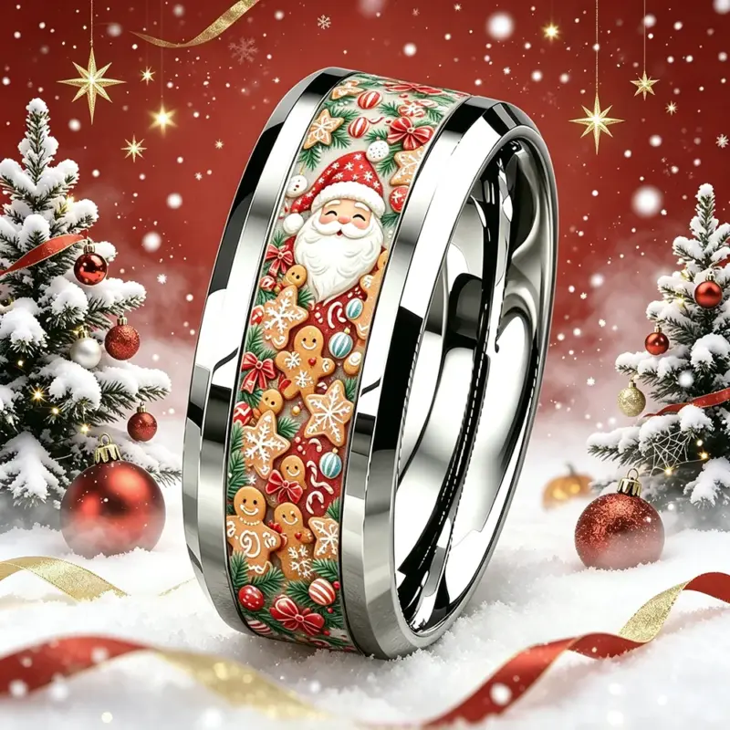 Edelstahlring mit Weihnachtsmann und Lebkuchen vor roter Weihnachtsdekoration