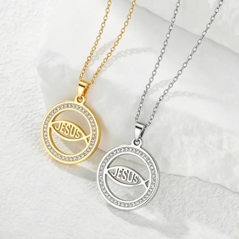 Ichthys Halskette mit Jesus Schriftzug in Gold- und Silberoptik