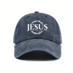 Jesus Cap in Marineblau im Vintage-Look mit weißem Jesus-Schriftzug, Dornenkranz und „Way, Truth, Life“, Vorderansicht