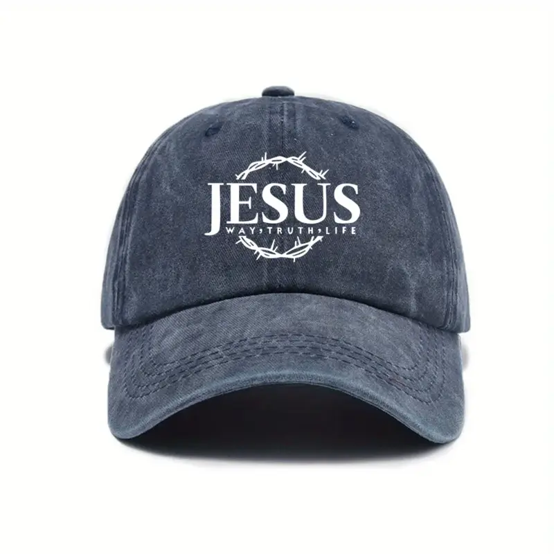 Jesus Cap in Marineblau im Vintage-Look mit weißem Jesus-Schriftzug, Dornenkranz und „Way, Truth, Life“, Vorderansicht