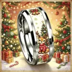 Silberfarbener Weihnachtsring mit Rentiermotiv in seitlicher Ansicht