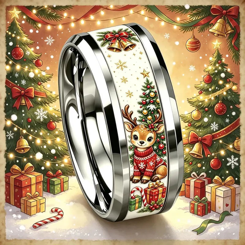 Silberfarbener Weihnachtsring mit Rentiermotiv in seitlicher Ansicht