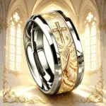 Edelstahlring mit betenden Händen, Kreuz und Flügelmotiv