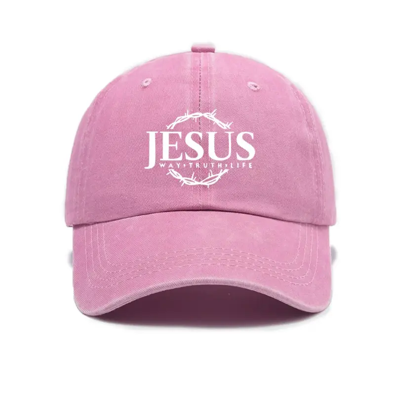Jesus Cap in Rosa im Vintage-Look mit weißem Jesus-Schriftzug, Dornenkranz und „Way, Truth, Life“, Vorderansicht