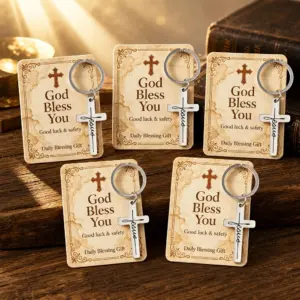 5-teiliges Jesus-Kreuz-Schlüsselanhänger-Set aus Edelstahl mit Segenskarte