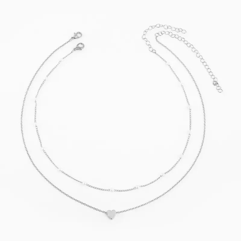 Mehrreihige Herzkette für Damen in Dunkelgold mit Herzanhänger und Perlenoptik