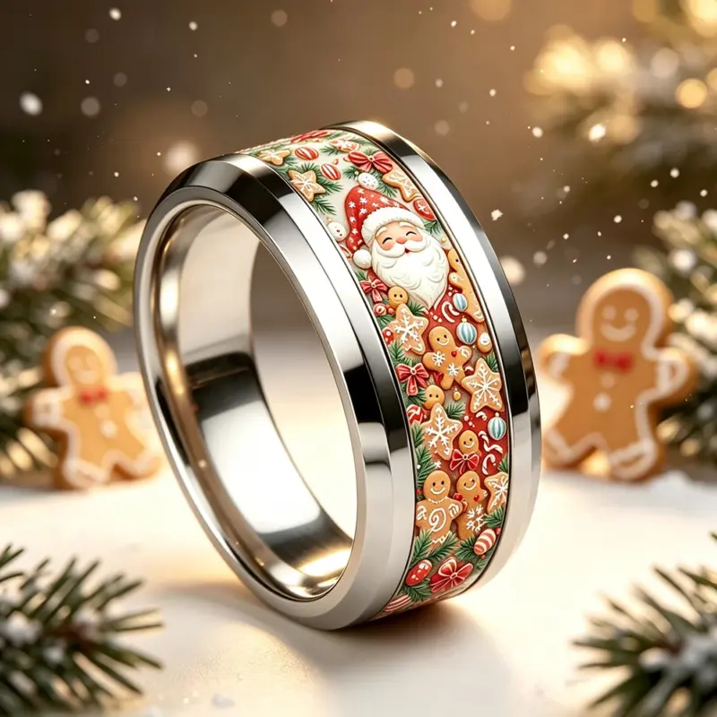 Weihnachtsring mit buntem Motivband und sichtbarer Ringinnenseite