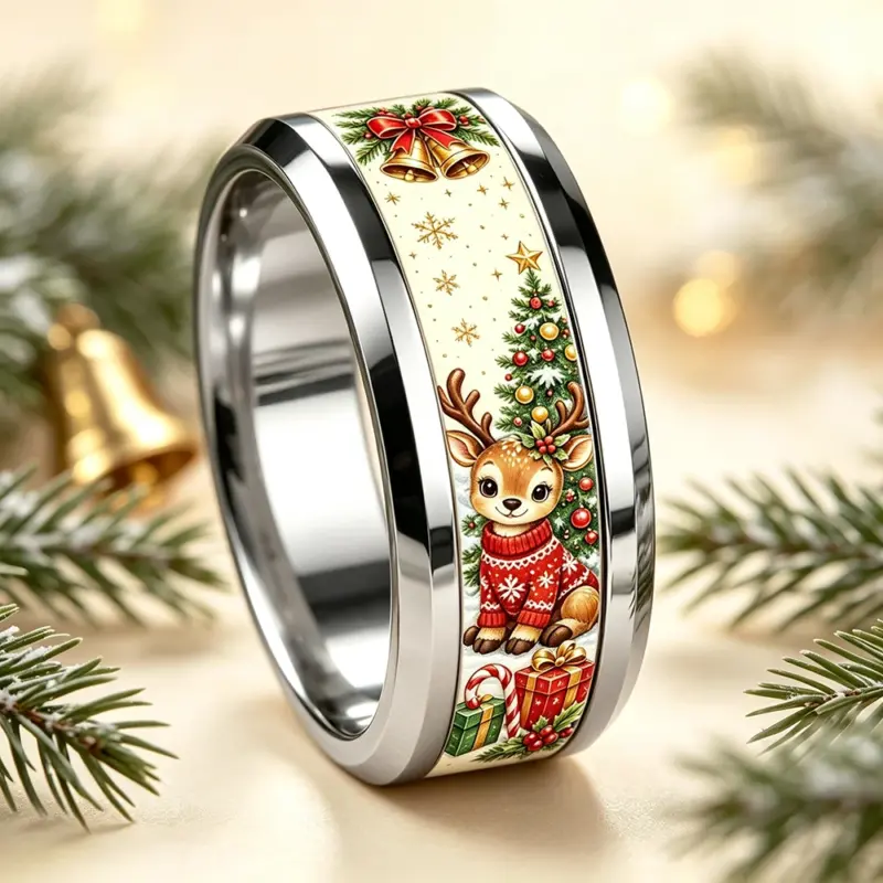 Weihnachtsring mit farbigem Rentiermotiv und sichtbarer Ringinnenseite