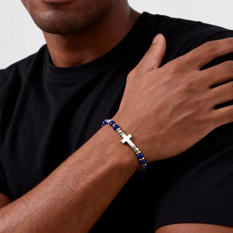 Religiöses Herrenarmband mit Naturstein und Edelstahl