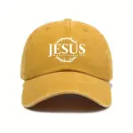 Jesus Cap in Gelb im Vintage-Look mit weißem Jesus-Schriftzug, Dornenkranz und „Way, Truth, Life“, Vorderansicht