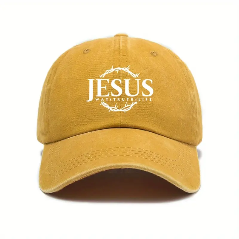 Jesus Cap in Gelb im Vintage-Look mit weißem Jesus-Schriftzug, Dornenkranz und „Way, Truth, Life“, Vorderansicht