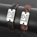 Jesus Armband Herren in geflochtener Lederoptik