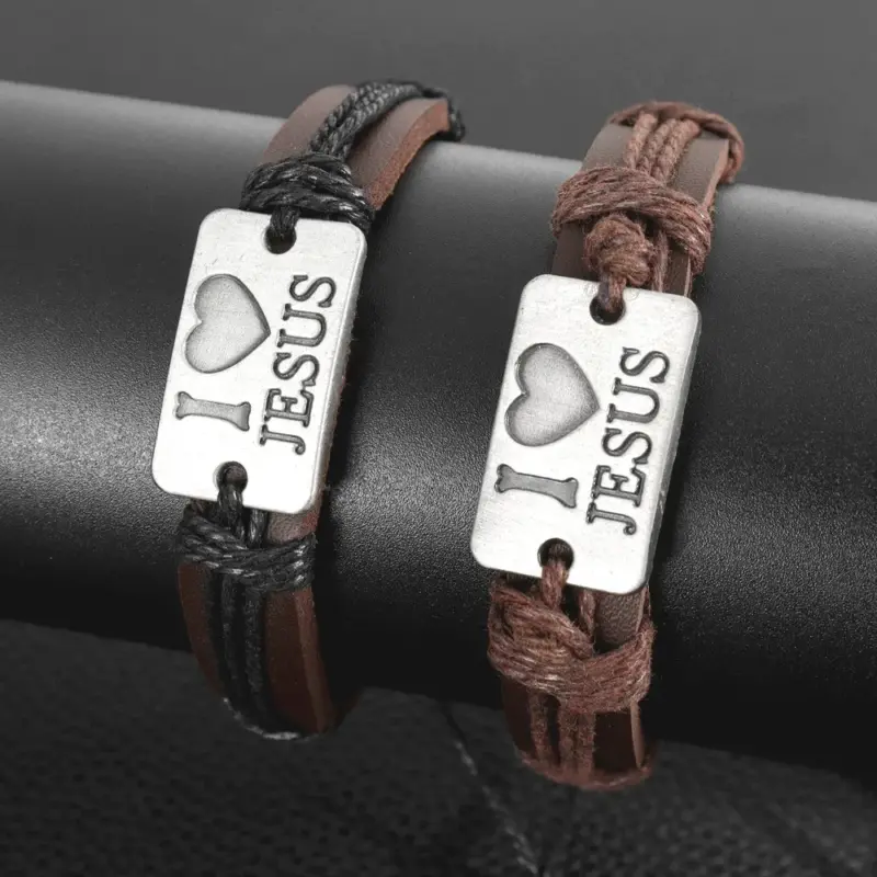 Jesus Armband Herren in geflochtener Lederoptik