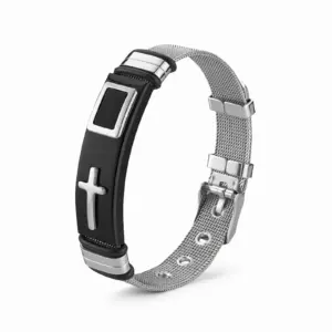 Mesh Armband Herren mit schwarzer Platte und silberfarbenem Kreuz
