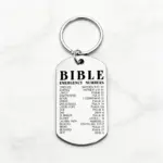 Silberfarbener Bibel-Schlüsselanhänger aus Edelstahl mit Bible Emergency Numbers Beschriftung