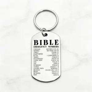Silberfarbener Bibel-Schlüsselanhänger aus Edelstahl mit Bible Emergency Numbers Beschriftung