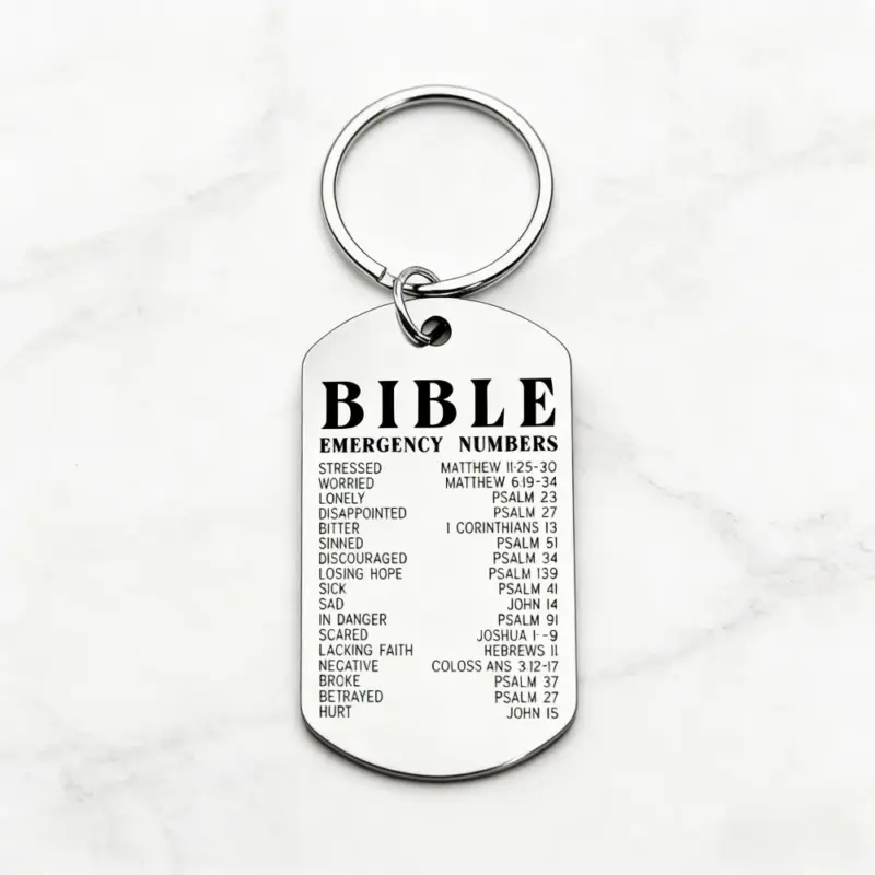 Silberfarbener Bibel-Schlüsselanhänger aus Edelstahl mit Bible Emergency Numbers Beschriftung