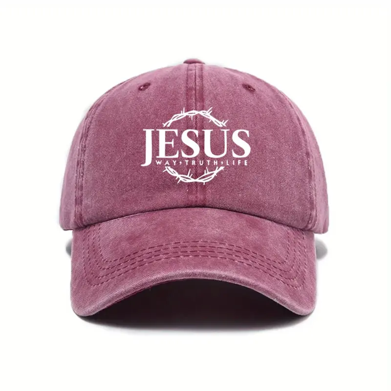 Jesus Cap in Burgunderrot im Vintage-Look mit weißem Jesus-Schriftzug, Dornenkranz und „Way, Truth, Life“, Vorderansicht