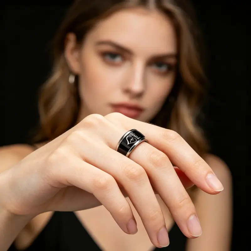 Schwarz-silberfarbener Blessed Ring mit Kreuz und Herz an einer Hand getragen