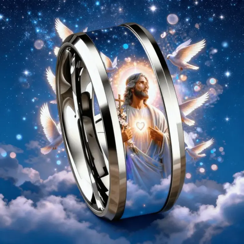 Christlicher Edelstahlring mit Kreuzmotiv und Heiligem Herzen Jesu