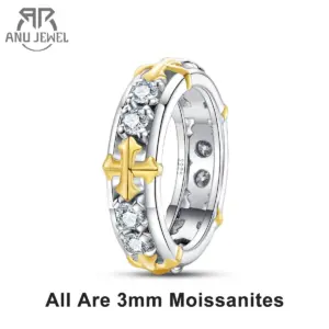 AnuJewel zweifarbiger Moissanit Kreuzring Damen – 3 mm, 925 Silber