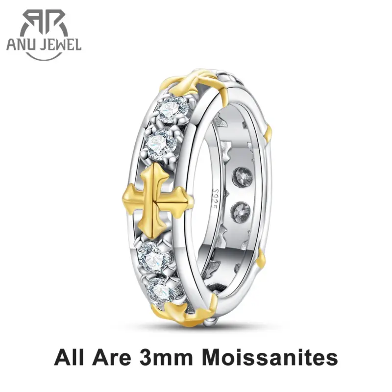 AnuJewel zweifarbiger Moissanit Kreuzring Damen – 3 mm, 925 Silber