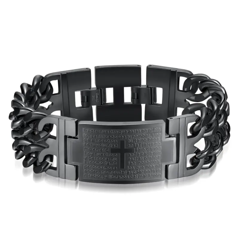 Schwarzes Panzerarmband mit Kreuz und spanischem Vaterunser