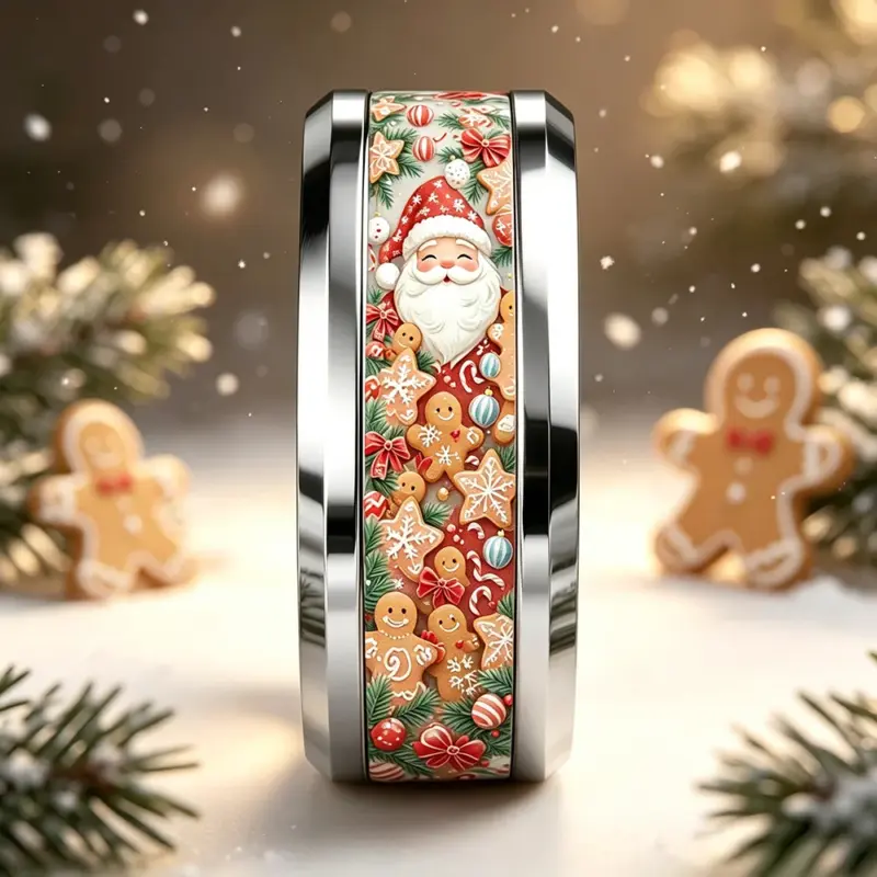 Silberfarbener Weihnachtsring mit buntem Weihnachtsmannmotiv von vorne