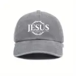 Jesus Cap in Grau im Vintage-Look mit weißem Jesus-Schriftzug, Dornenkranz und „Way, Truth, Life“, Vorderansicht