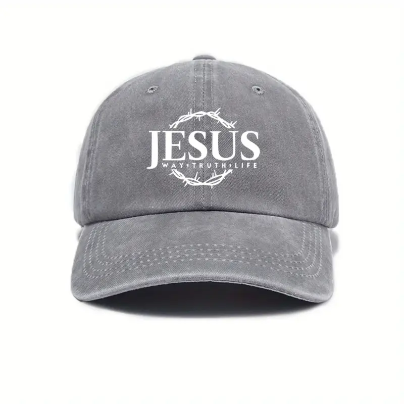 Jesus Cap in Grau im Vintage-Look mit weißem Jesus-Schriftzug, Dornenkranz und „Way, Truth, Life“, Vorderansicht