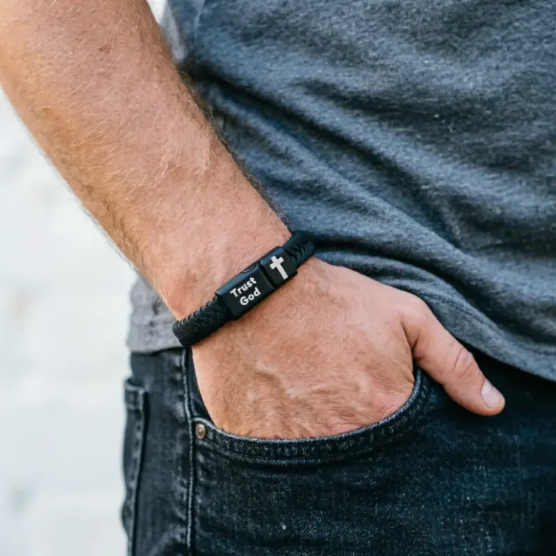 Christliches Herren Lederarmband mit Kreuz – Produktansicht