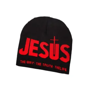 Schwarze Jesus Mütze mit rotem JESUS-Schriftzug, Kreuz und The Way The Truth The Life