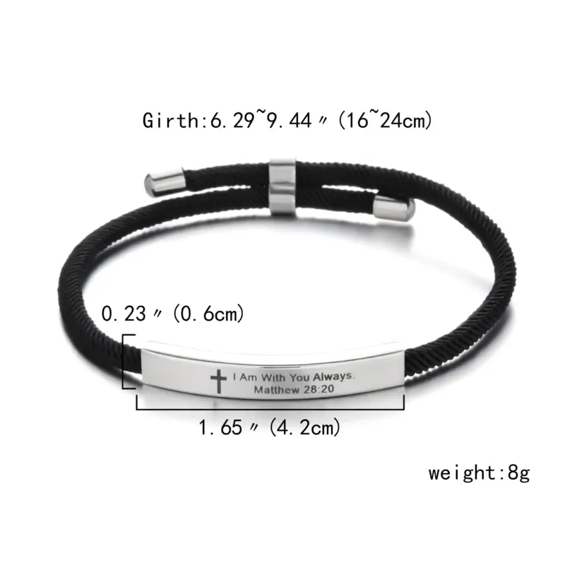 Christliches Seilarmband mit Edelstahlplatte und Kreuzmotiv