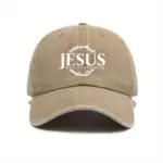 Jesus Cap in Khaki im Vintage-Look mit weißem Jesus-Schriftzug, Dornenkranz und „Way, Truth, Life“, Vorderansicht