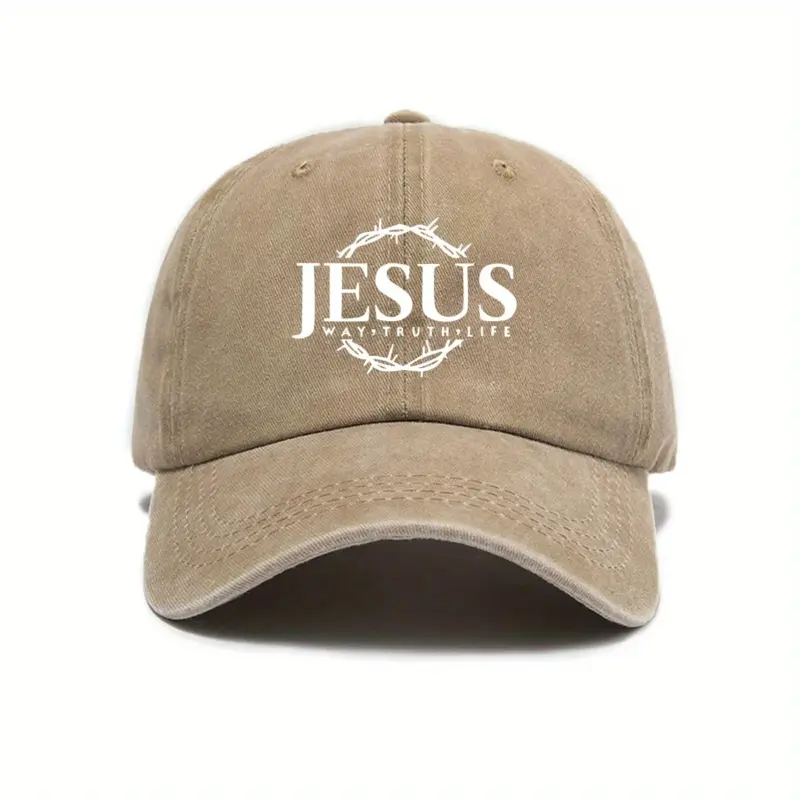 Jesus Cap in Khaki im Vintage-Look mit weißem Jesus-Schriftzug, Dornenkranz und „Way, Truth, Life“, Vorderansicht