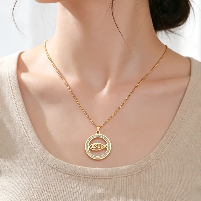 Jesusfisch Kette aus Edelstahl mit Zirkonia und Ichthys Symbol