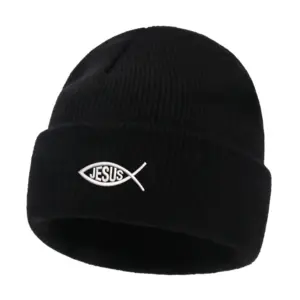 Ichthys Mütze schwarz – Beanie mit Jesusfisch-Stickerei