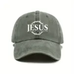 Jesus Cap in Armeegrün im Vintage-Look mit weißem Jesus-Schriftzug, Dornenkranz und „Way, Truth, Life“, Vorderansicht