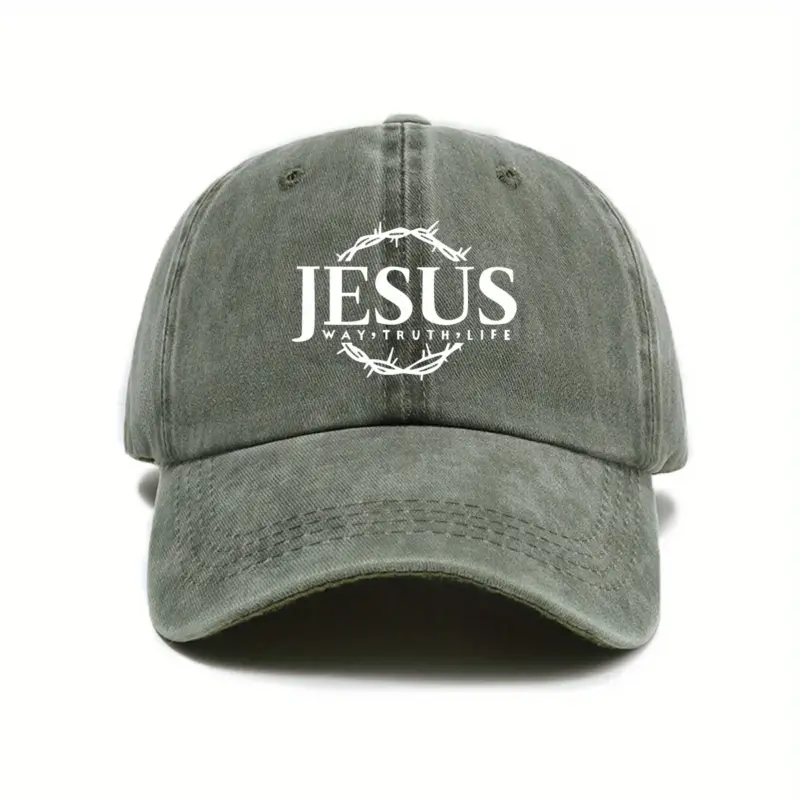Jesus Cap in Armeegrün im Vintage-Look mit weißem Jesus-Schriftzug, Dornenkranz und „Way, Truth, Life“, Vorderansicht