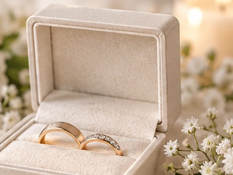 Redaktionelles KI-Symbolbild mit Ringen und Blumen als Beispiel für Schmuckgeschenke – keine VENTFILLE-Produktaufnahme
