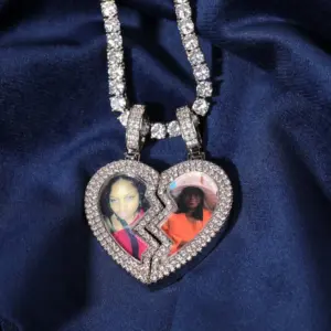 Magnetische Herzkette mit Foto – geteilter Broken-Heart-Anhänger mit Zirkonia in Silberfarben