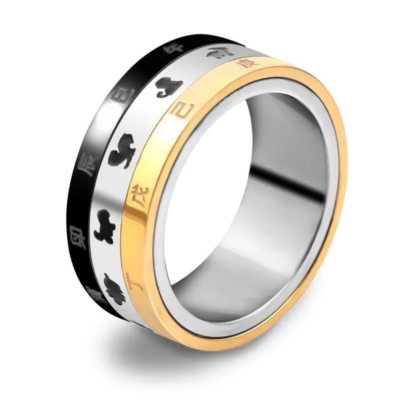 VQYSKO Design 4: mehrfarbiger Edelstahlring mit Schriftzeichen- und Symbolmotiven in Schwarz Silber Gold