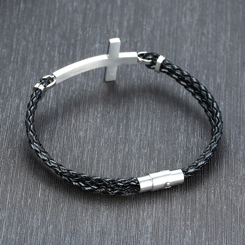 Christliches Lederarmband mit Edelstahlkreuz – Produktansicht