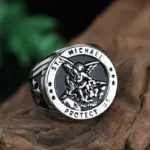 abdo Erzengel-Michael-Ring Design 018 Silber-Schwarz mit gerahmtem ST MICHAEL PROTECT US Motiv