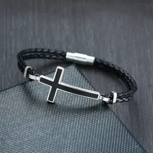 PRJEWEL Kreuz-Lederarmband – Schwarz, 21 cm