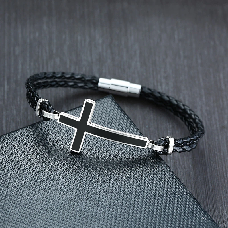 kf-H3b6be562455945498907bbbac88ef708T PRJEWEL Kreuz-Lederarmband – Schwarz, 21 cm