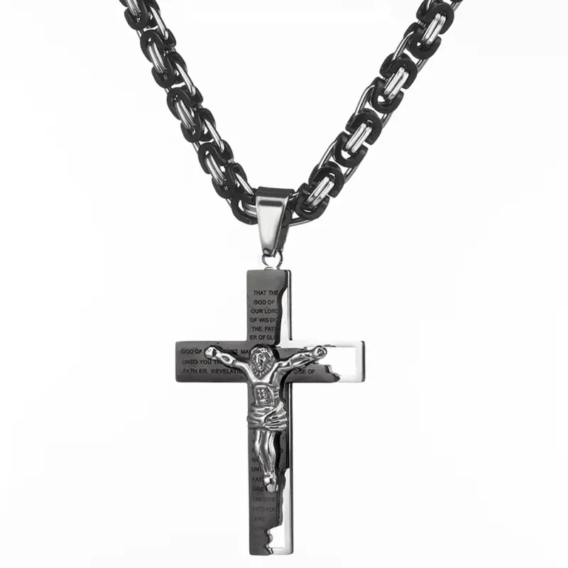Schwarz-silberfarbene Königskette mit Jesus-Kruzifix, Frontansicht